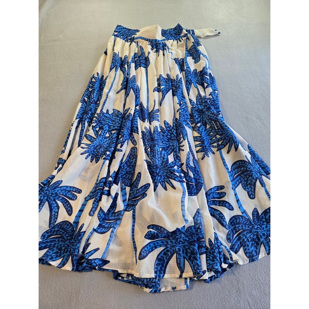 Her Destiny Maxi Skirt Womens Large Blue White Tropical Palm Tree Tie Waist